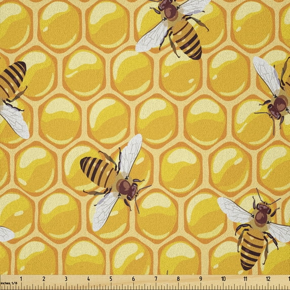 Ambesonne Bee Fabric by the Yard Microfiber, Honeybees Working Repetition, 2 Yards, Orange Apricot and Brown