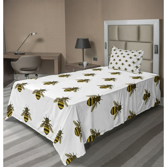 Ambesonne Bee Fitted & Top Sheet Set with Sham, Honey Maker Insect Pattern, Yellow Grey