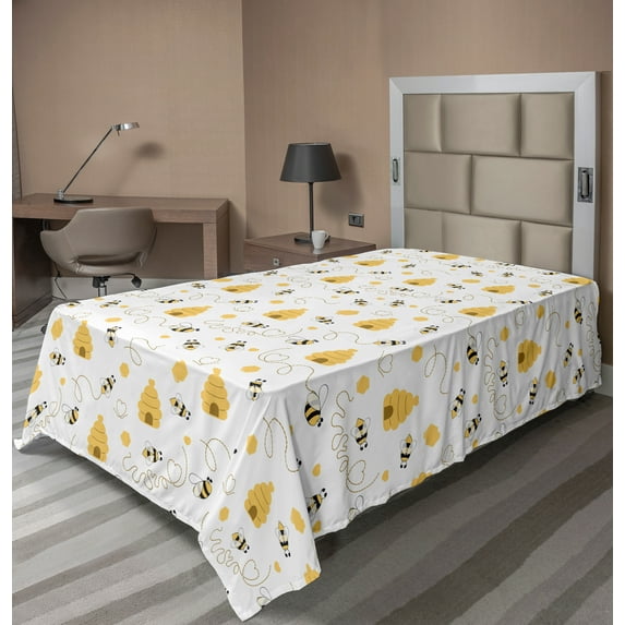 Ambesonne Bee Flat Sheet, Flying Bugs Hearts Beehives, Twin Size, Mustard White