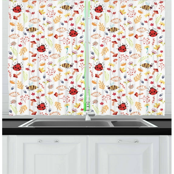 Ambesonne Bee Kitchen Curtains, Autumn Theme Doodle Bugs, 55"x39", Multicolor