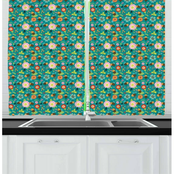 Ambesonne Bee Kitchen Curtains, Smiling Funny Bees Doodle, 55"x39", Multicolor