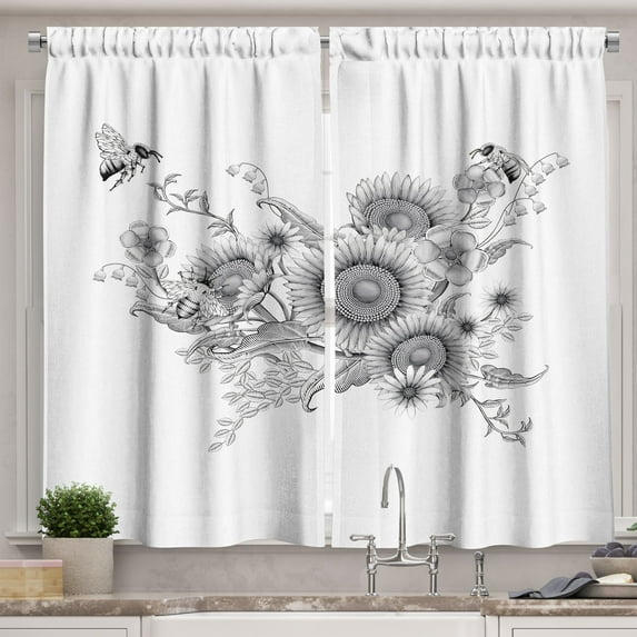 Ambesonne Bee Kitchen Curtains, Vintage Sunflowers Bumblebees, 55"x36", Pale Grey White and Taupe