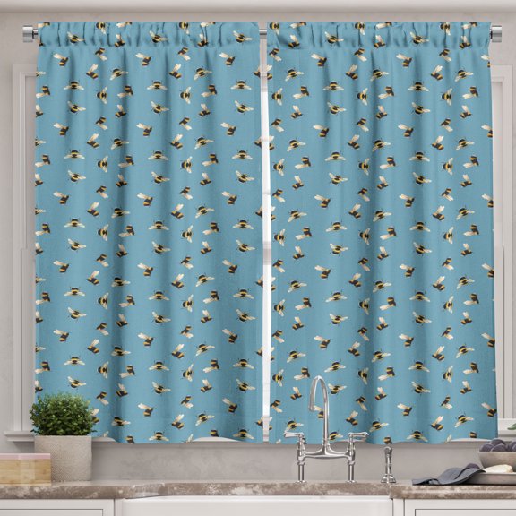 Ambesonne Bee Kitchen Curtains, Winged Hairy Insects Hum Bugs, 55"x45", Cadet Blue Multicolor