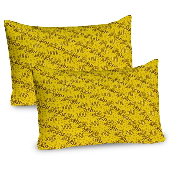 Ambesonne Bee Pillow Sham 2 Pack, Contour Petals Bees Combs, 26"x20", Yellow and Brown