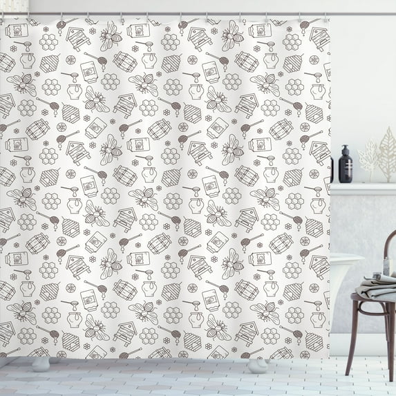 Ambesonne Bee Shower Curtain, Honeycomb Hive Flower Wasp Art, 69"Wx70"L, Dark Rosewood and White