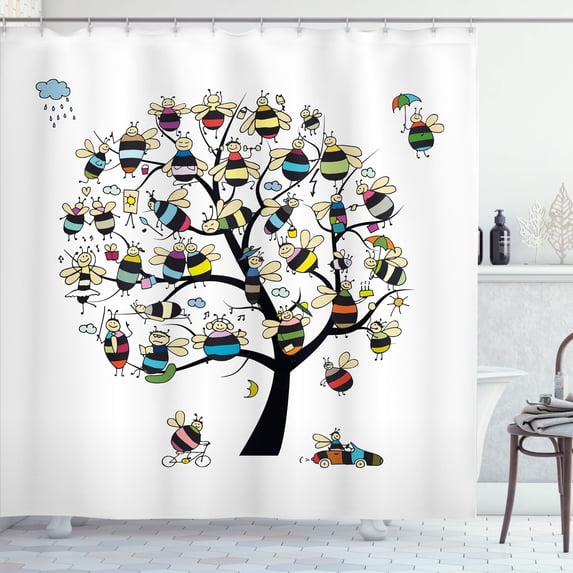 Ambesonne Bee Shower Curtain, Tree with Colorful Characters, 69"Wx70"L, White and Multicolor