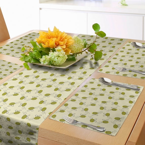 Ambesonne Bee Table Runner & Placemats, Rhythmic Flying Insects Cartoon, Placemat 4 pcs + Runner 16"x90", Eggshell Yellow