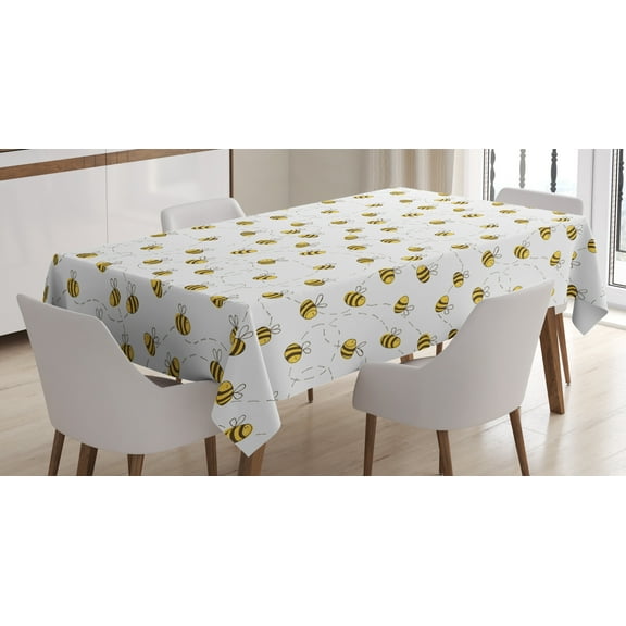 Ambesonne Bee Tablecloth Rectangular Table Cover, Simple Doodle Flying Bee, 52"x70", Brown Yellow White