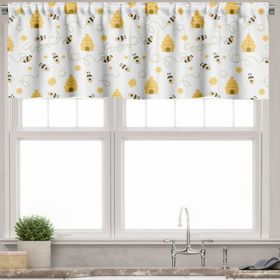 Ambesonne Bee Valance Pack of 2, Flying Bugs Hearts Beehives, 42"X12", Mustard White