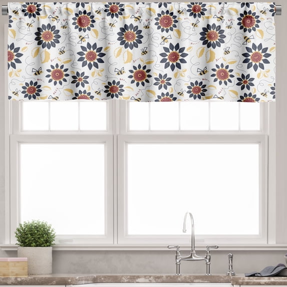 Ambesonne Bee Valance Pack of 2, Sunflowers and Funny Bees, 54"X12", Dark Blue Ruby Mustard
