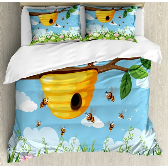 Ambesonne Bees Duvet Cover Set, Bee Hive Nature Twigs Flowers, 2-Calking, Pale Sky Blue and Multicolor