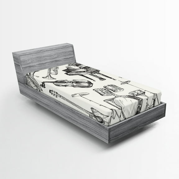 Ambesonne Beige Black Fitted Sheet, Musical Instruments, Twin Size, Beige Black