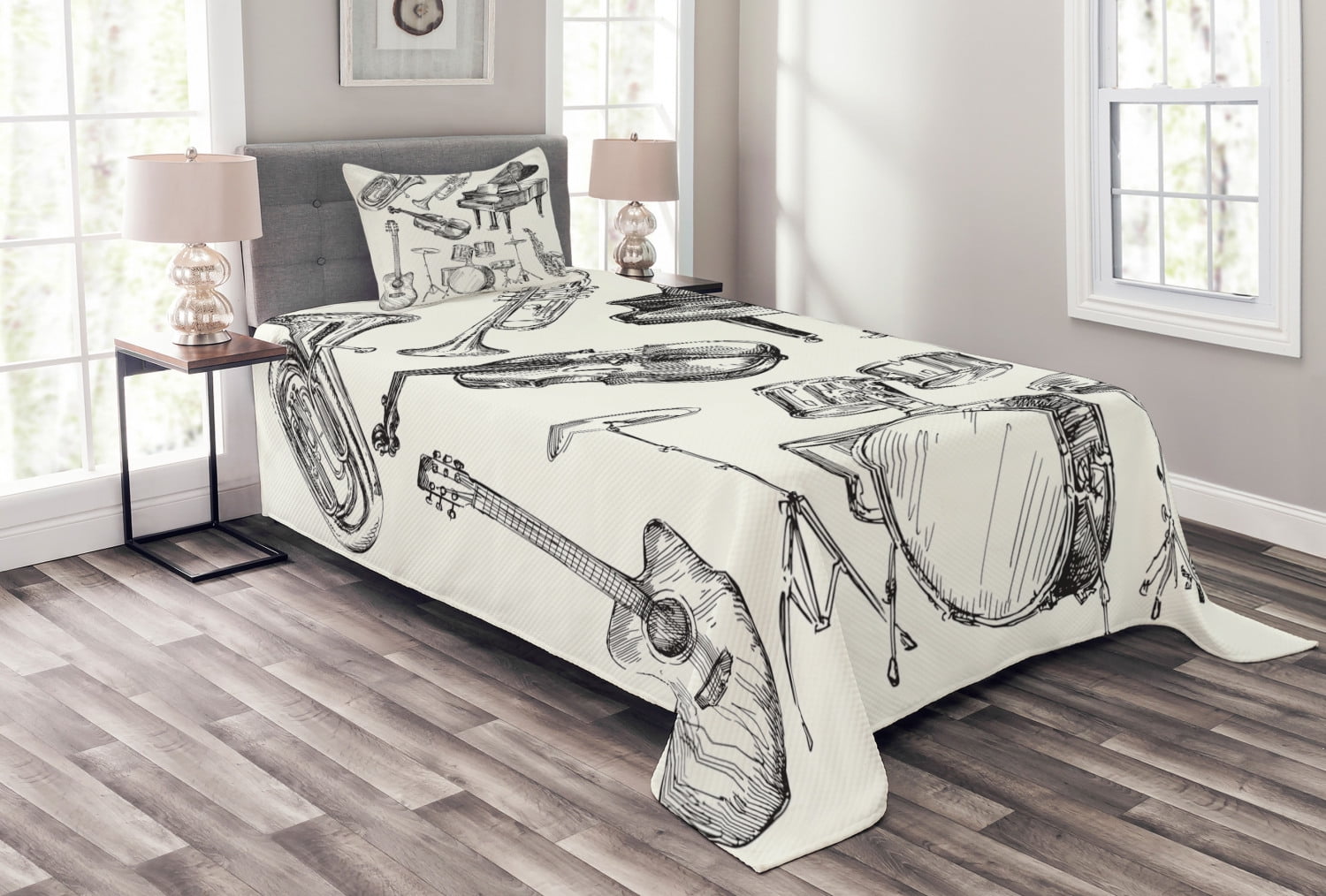 Twin Black and Beige Musical Instruments Bedspread Set