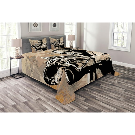 Ambesonne Beige Black Quilted Bedspread Set 3 Pcs, Musician, King Size, Beige Black