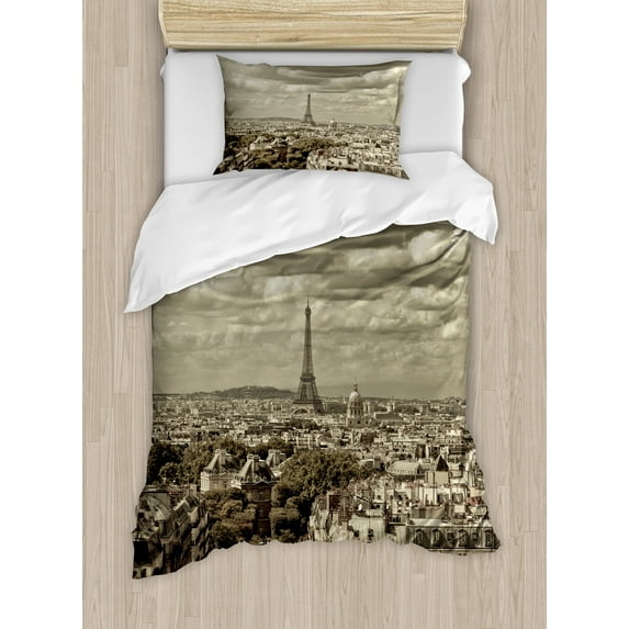 Ambesonne Beige Duvet Cover Sets, City Skyline of Paris, 2-Twin, Beige