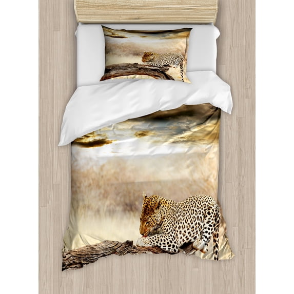 Ambesonne Beige Duvet Cover Sets, Wild Leopard, 2-Twin, Beige and Brown