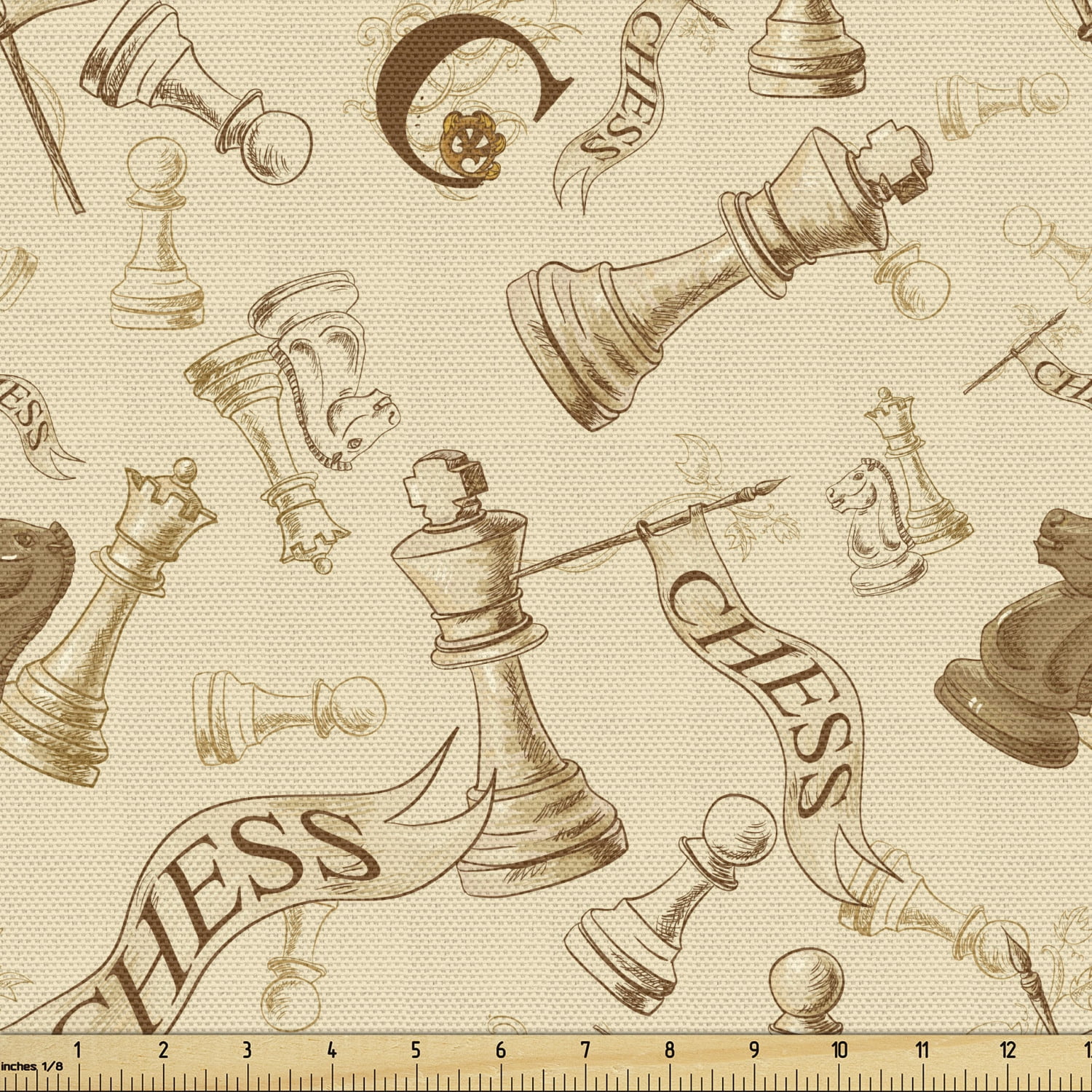 Ambesonne Beige Fabric by the Yard Upholstery, Retro Chess Game Pieces ...