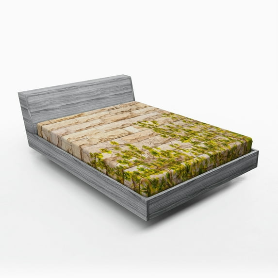 Ambesonne Beige Fitted Sheet, Brick Wall with Leaf, Full Size, Green White