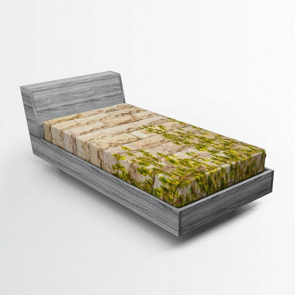 Ambesonne Beige Fitted Sheet, Brick Wall with Leaf, Twin Size, Green White