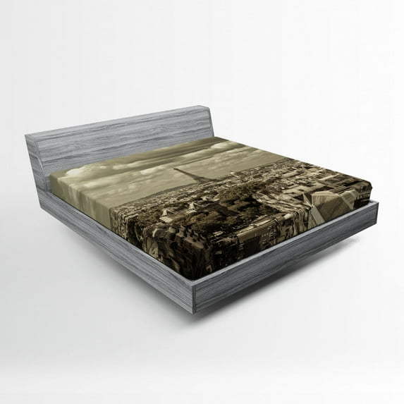 Ambesonne Beige Fitted Sheet, City Skyline of Paris, Queen Size, Beige