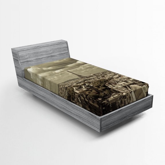 Ambesonne Beige Fitted Sheet, City Skyline of Paris, Twin XL Size, Beige