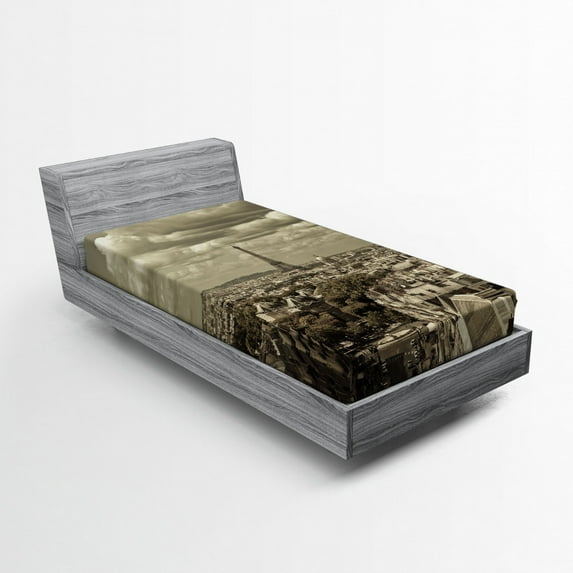 Ambesonne Beige Fitted Sheet, City Skyline of Paris, Twin XL Size, Beige
