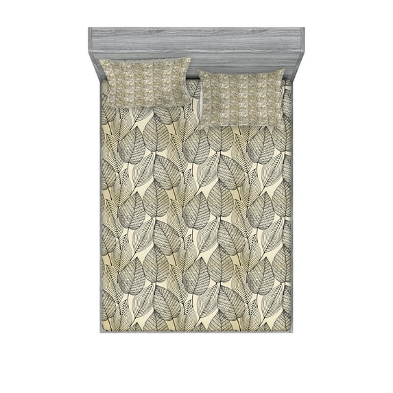 Ambesonne Beige Fitted Sheet & Pillow Sham Set, Striped Leaves Autumn Print, King, Beige Black