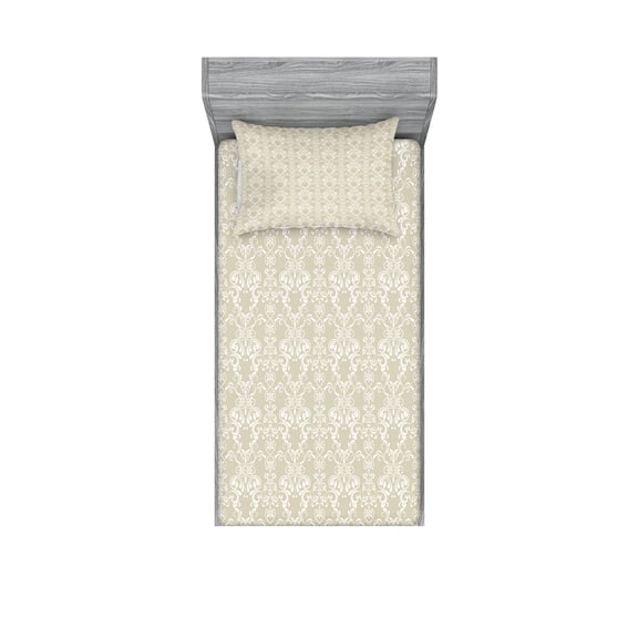 Ambesonne Beige Fitted Sheet & Pillow Sham Set, Traditional Lace Design, Twin, White Beige