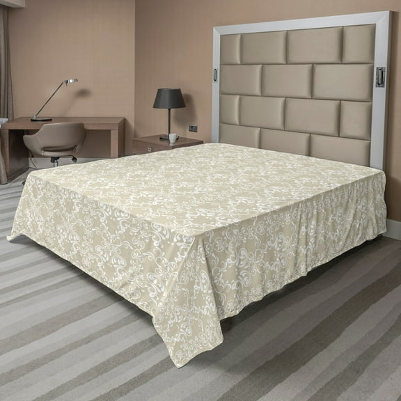 Ambesonne Beige Flat Sheet, Traditional Lace Design, California King, White Beige