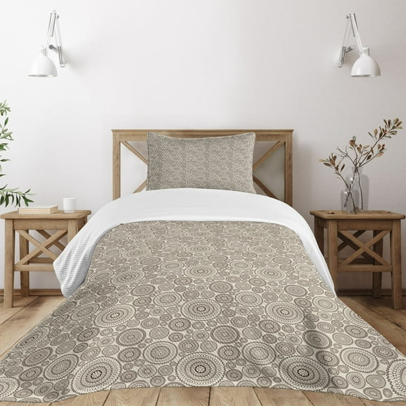 Ambesonne Beige Quilted Bedspread Set 2 Pcs, Circular Composition Lace, Twin Size, Tan Brown