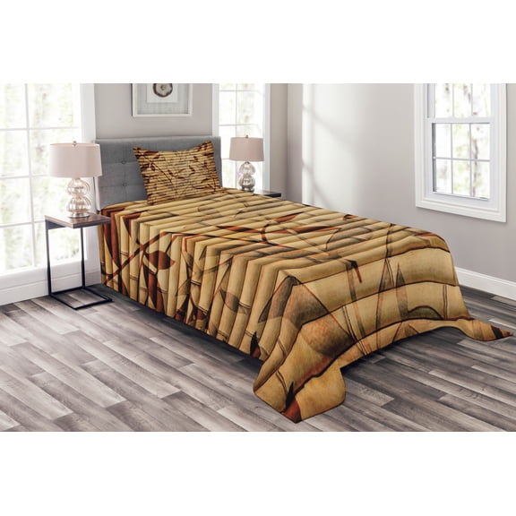 Ambesonne Beige Quilted Bedspread Set 2 Pcs, Grunge Leaves Bohemian Motif, Twin Size, Brown Tan and Beige