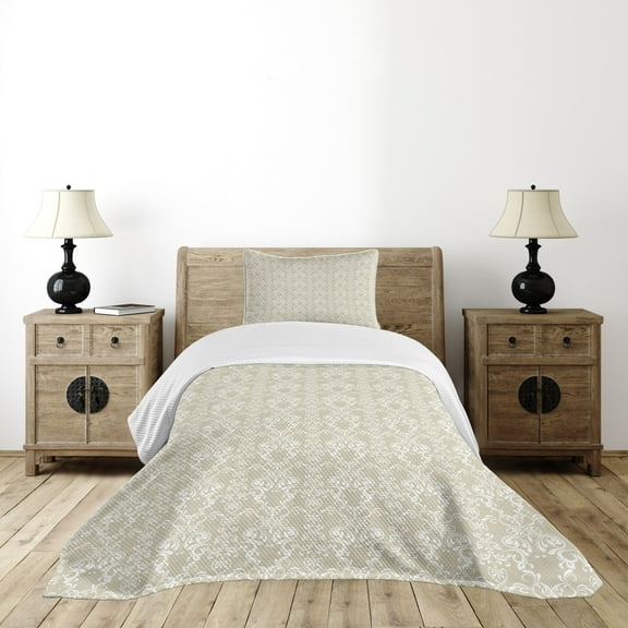 Ambesonne Beige Quilted Bedspread Set 2 Pcs, Traditional Lace Design, Twin Size, White Beige