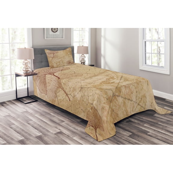 Ambesonne Beige Quilted Bedspread Set 2 Pcs, Vintage Leaves Grunge, Twin Size, Beige Brown