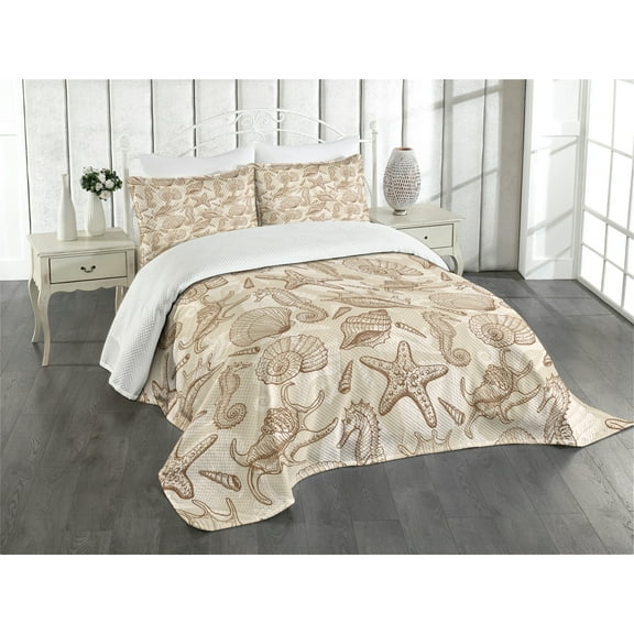 Ambesonne Beige Quilted Bedspread Set 3 Pcs, Exotic Marine Animals, Queen Size, Beige