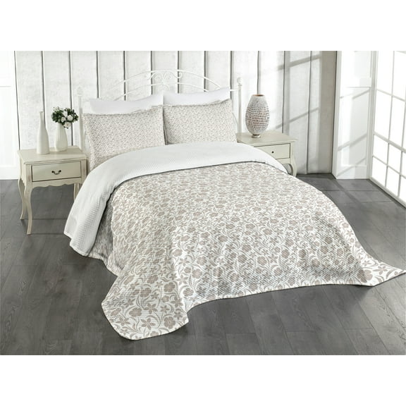 Ambesonne Beige Quilted Bedspread Set 3 Pcs, Gentle Floral Nature, Queen Size, Tan White