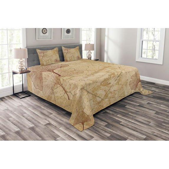 Ambesonne Beige Quilted Bedspread Set 3 Pcs, Vintage Leaves Grunge, Queen Size, Beige Brown