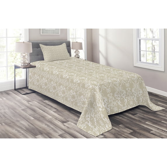 Ambesonne Beige Quilted Coverlet 2 Pcs, Traditional Lace Design, Twin Size, White Beige
