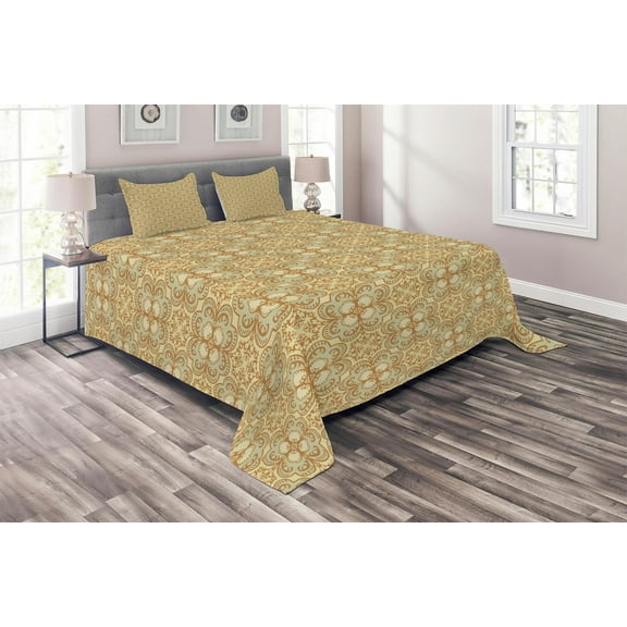 Ambesonne Beige Quilted Coverlet 3 Pcs, Damask Vintage Bohemian, Queen Size, Cream Beige