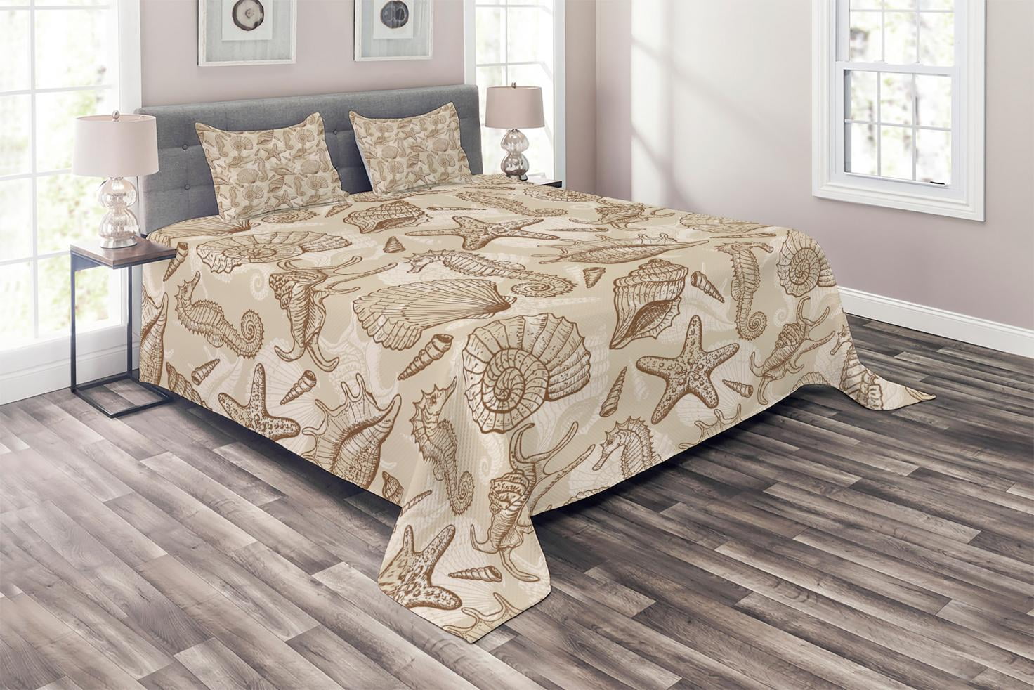 King Size Beige Polyester Bedspread Set with Shams