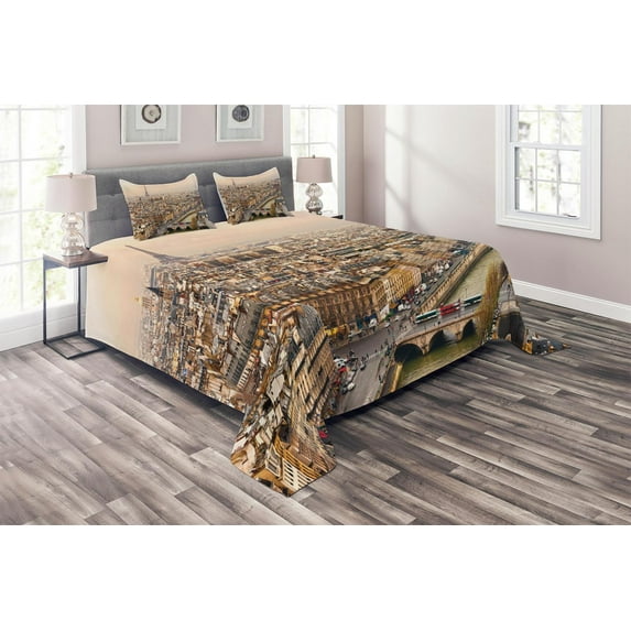Ambesonne Beige Quilted Coverlet 3 Pcs, Streets Cityscape, Queen Size, Beige