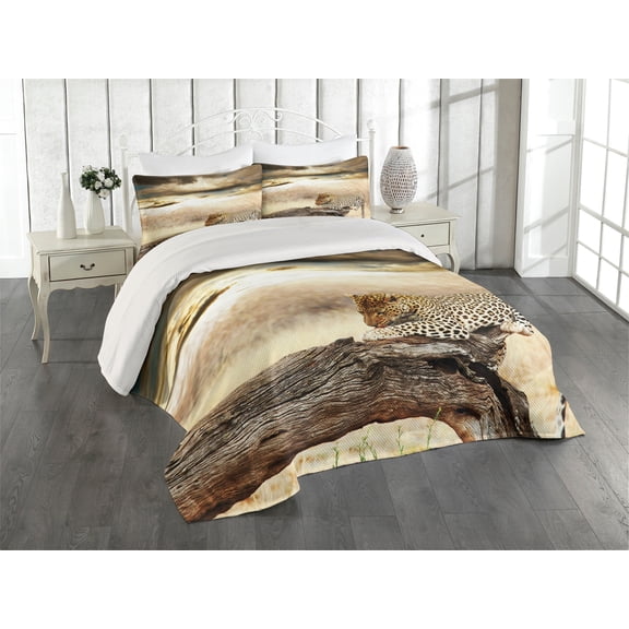 Ambesonne Beige Quilted Coverlet 3 Pcs, Wild Leopard, King Size, Beige and Brown