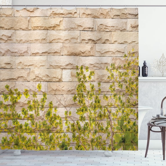Ambesonne Beige Shower Curtain, Brick Wall with Leaf, 69"Wx75"L, Green White