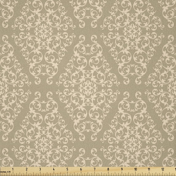Ambesonne Beige Tan Fabric by the Yard Microfiber, Curlicue Floral Vintage, 2 Yards, Dark Sand Brown Champagne