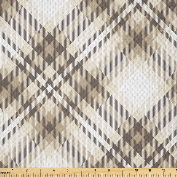 Ambesonne Beige Tan Fabric by the Yard Microfiber, Plaid in Pastel Nude Art, 2 Yards, Off White Dark Mustard