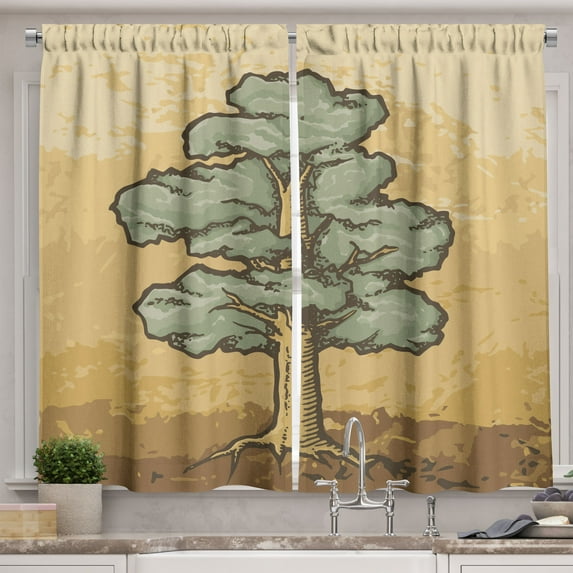 Ambesonne Beige Tan Kitchen Curtains, Oak Tree Vintage Drawing, 55"x36", Ecru Reseda Green Camel