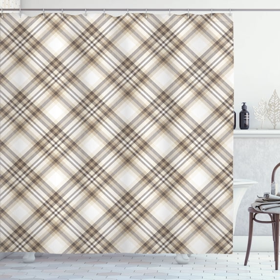 Ambesonne Beige Tan Shower Curtain, Plaid in Pastel Nude Art, 69"Wx84"L, Off White Dark Mustard