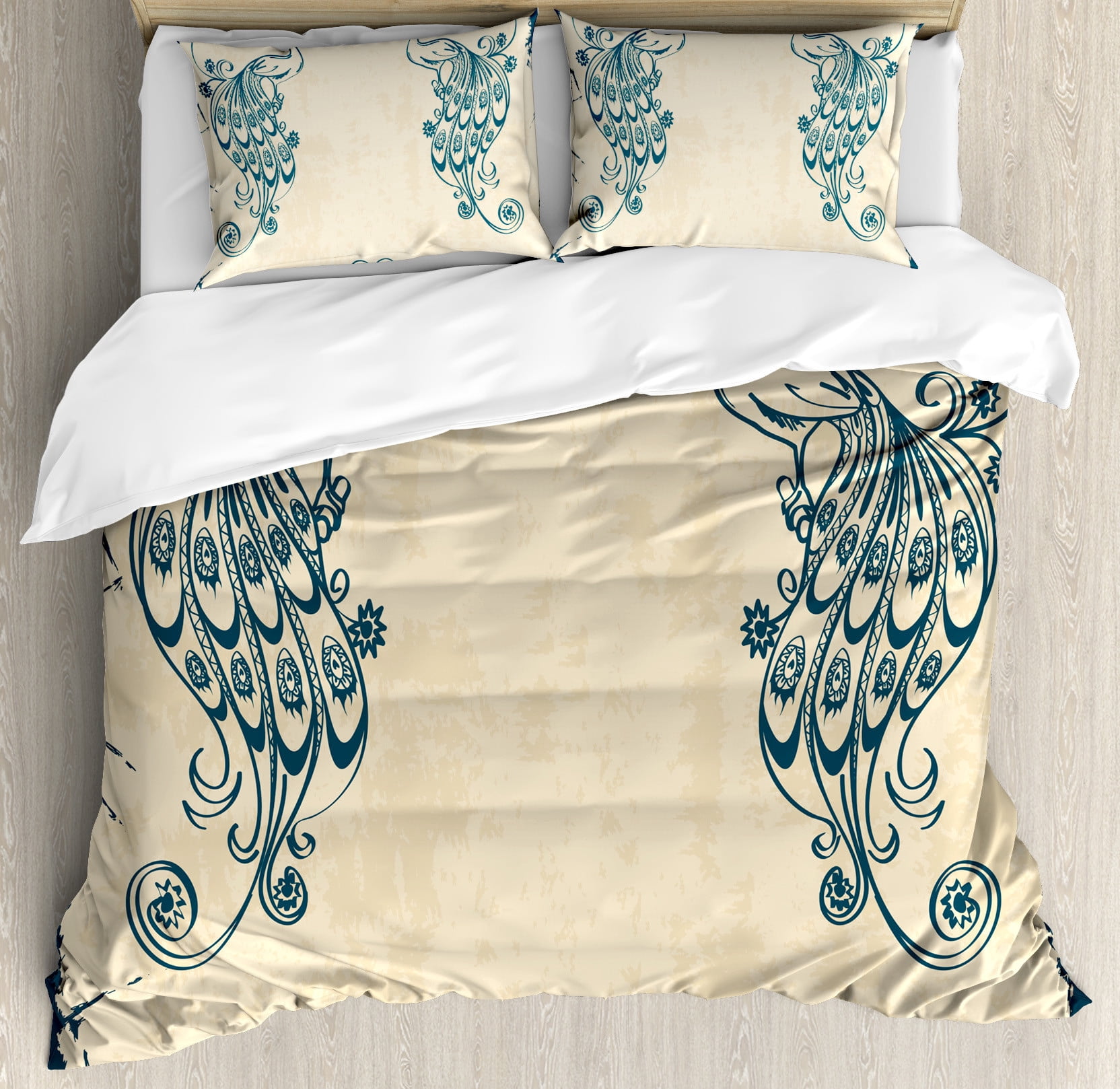 Ambesonne Beige Teal Duvet Cover Set, Vintage Peacock Bird, Queen ...