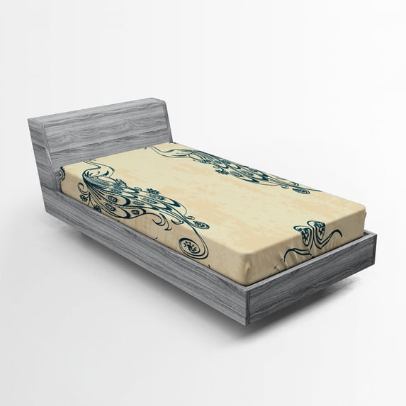 Ambesonne Beige Teal Fitted Sheet, Vintage Peacock Bird, Twin XL Size, Beige Teal