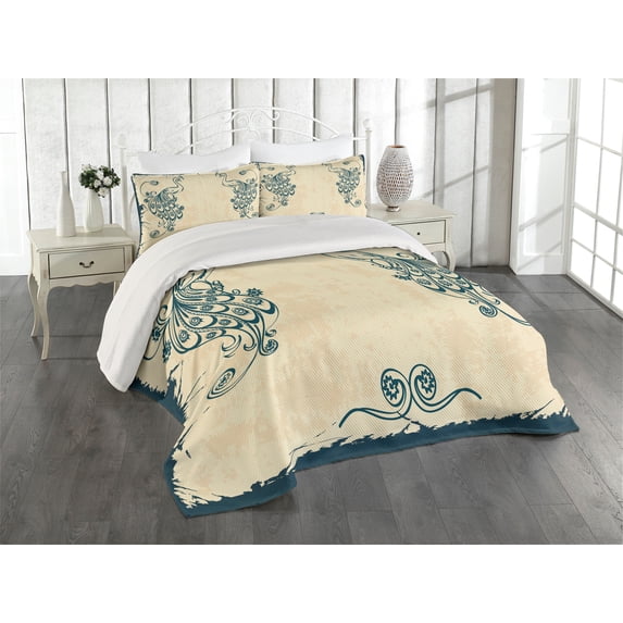Ambesonne Beige Teal Quilted Coverlet 3 Pcs, Vintage Peacock Bird, Queen Size, Beige Teal