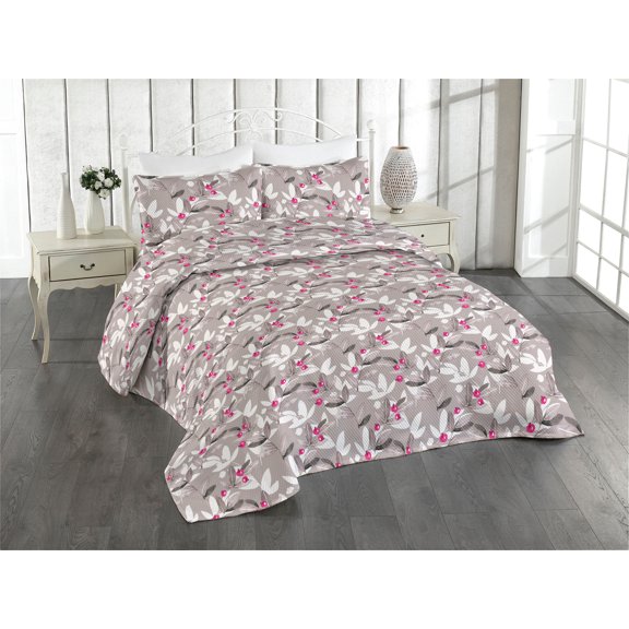 Ambesonne Berry Pattern Quilted Bedspread Set 3 Pcs, Modern Leafy Pattern, Queen, Taupe Grey Hot Pink Ivory